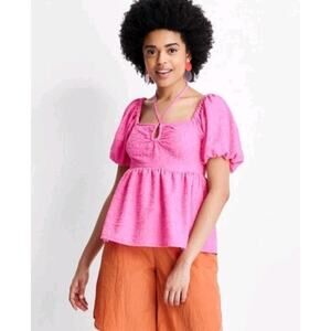 Womens Square Tie Neck Puffed Short Sleeve Top Future Collective Pink Plus Sz 2X